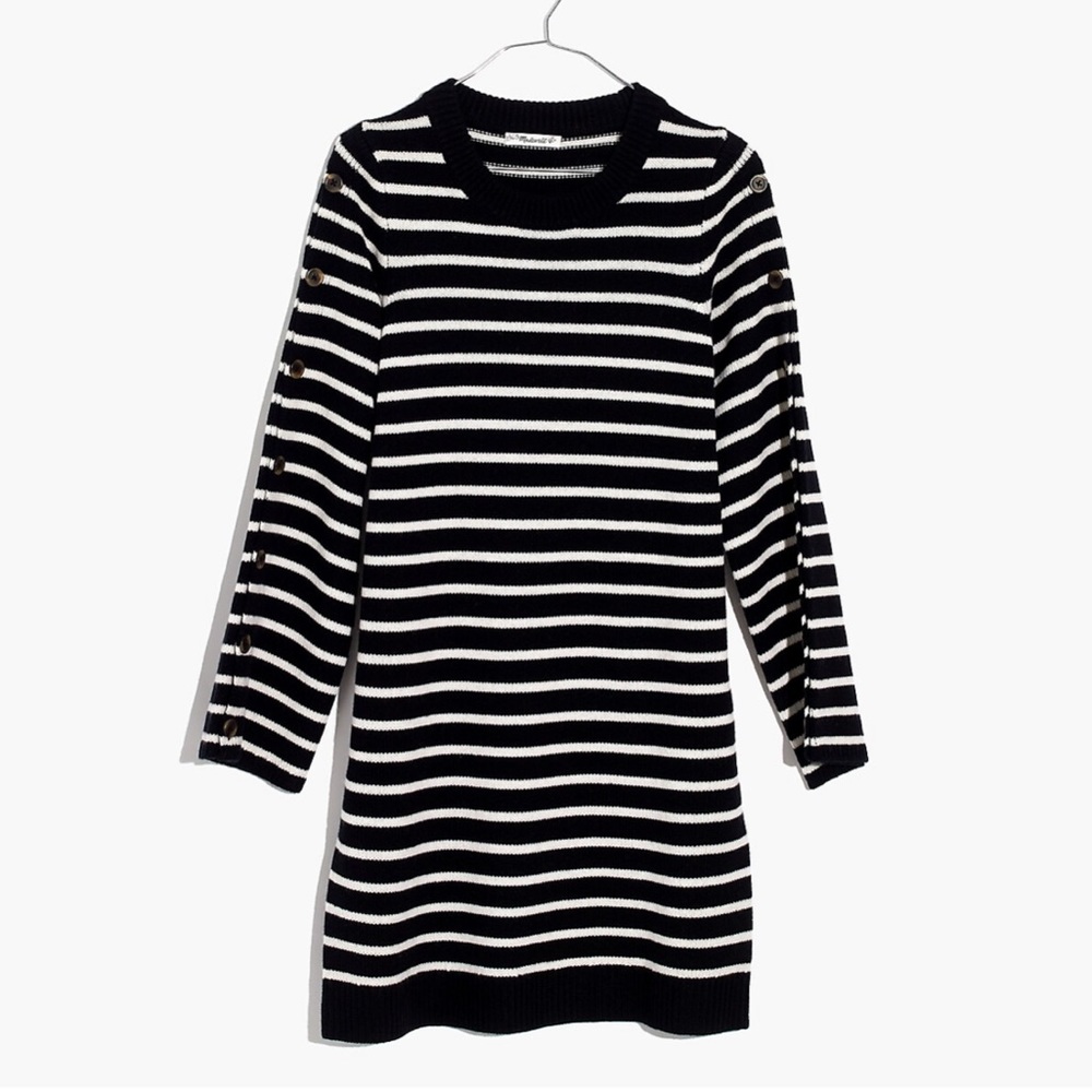 Madewell Black White Striped Button Sleeve Sweater Mini Dress Merino Wool Medium